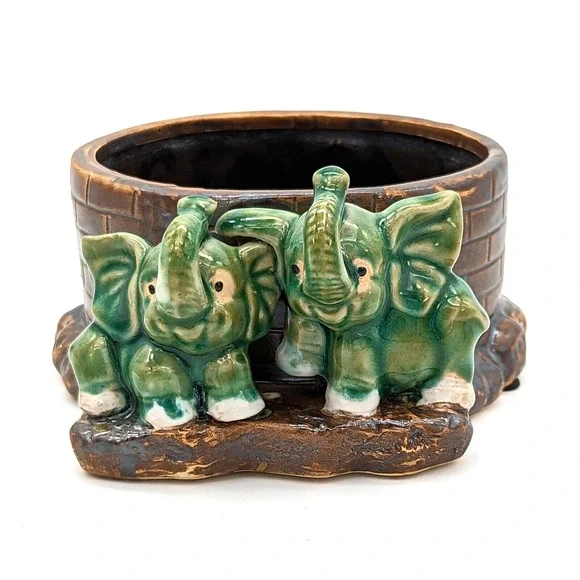 Vintage Majolica Lucky Elephant Planter Two Green Elephants Trunks Up China - Picture 5 of 12
